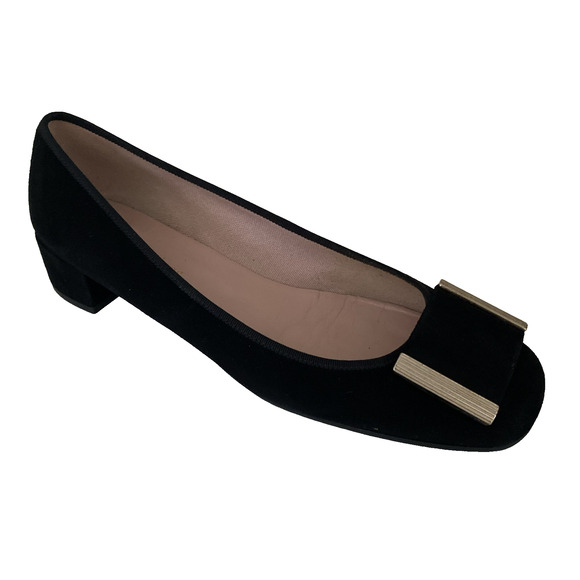 Pretty Ballerinas Ballet Flat Black Suede Bow Square Toe Low Block Heel 39 8.5 9 - Picture 1 of 10